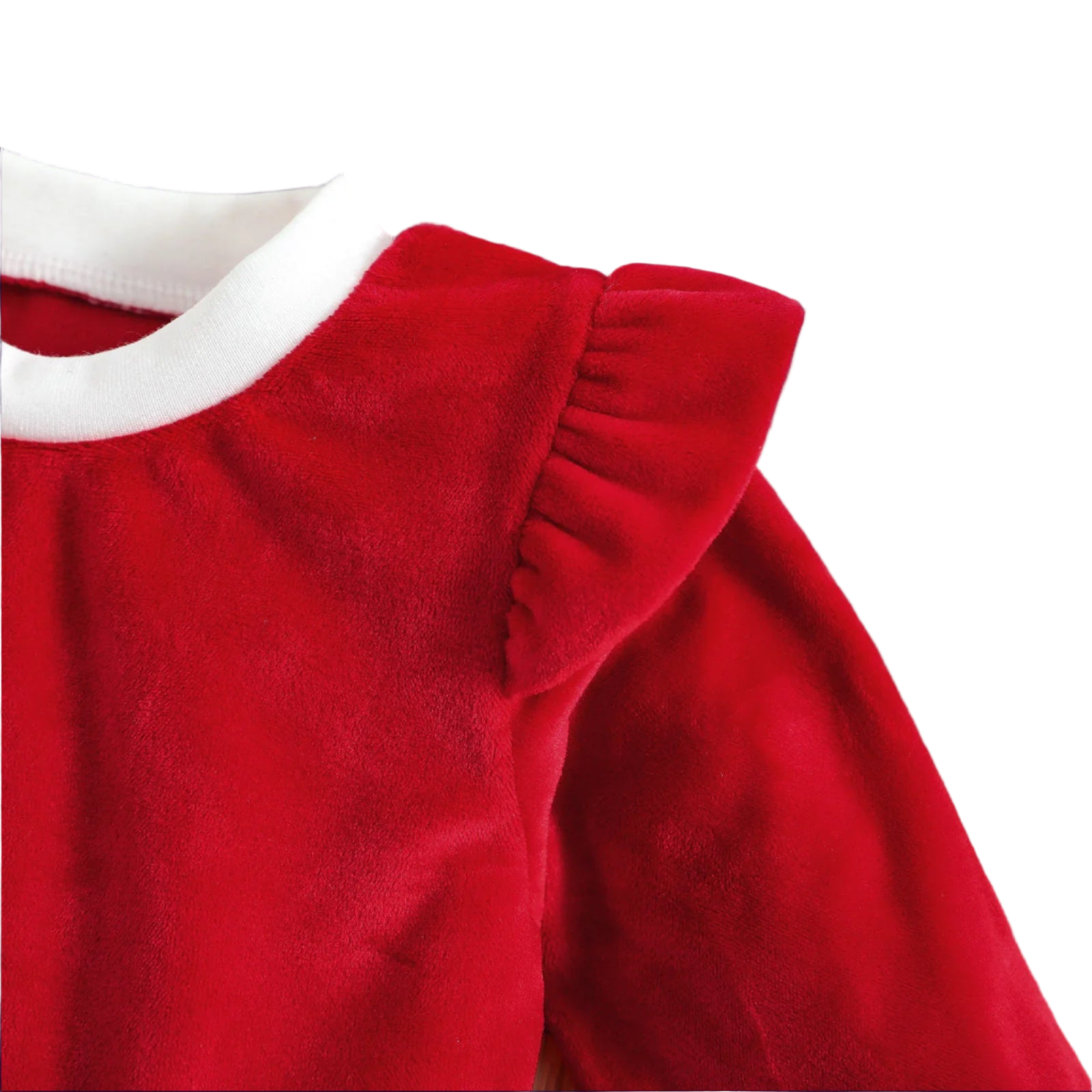 Red velvet dress with white trim on a wooden surface