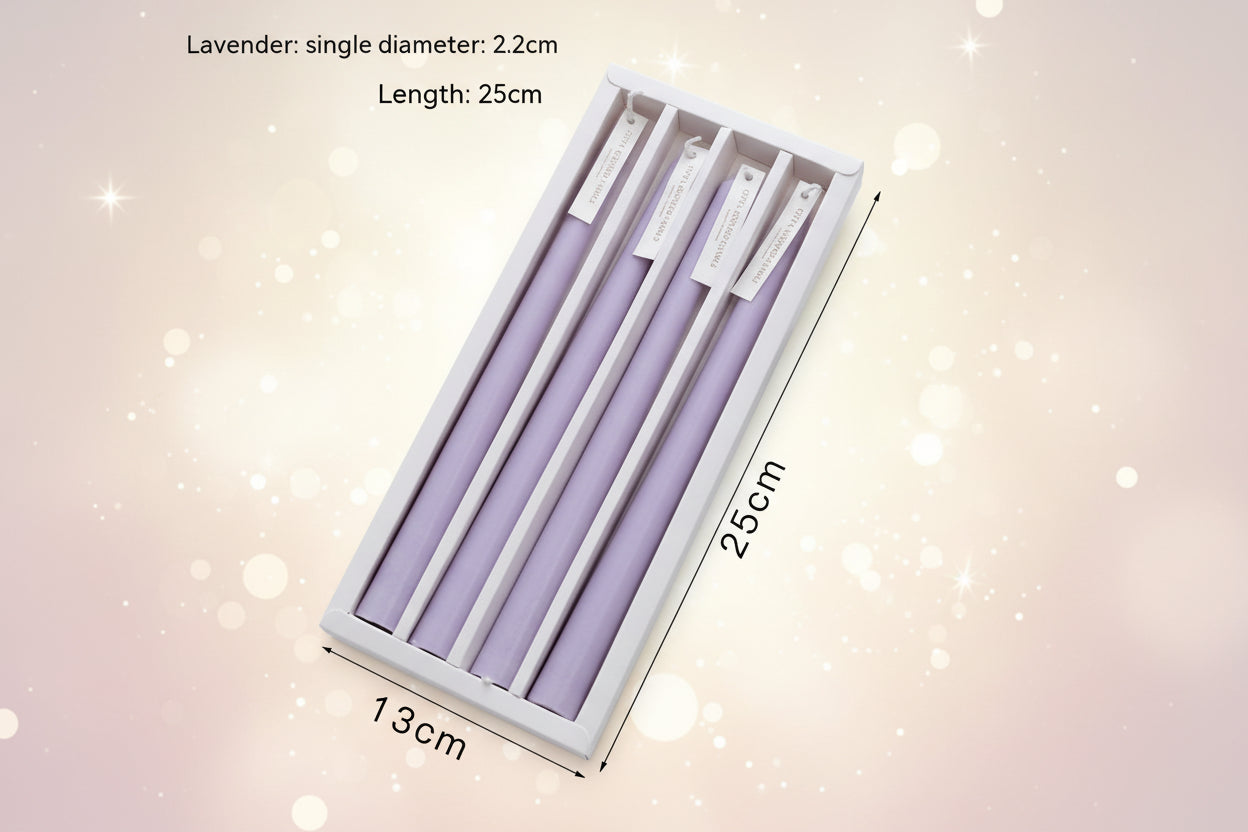 Set of lavender-colored sticks in a box with dimensions displayed