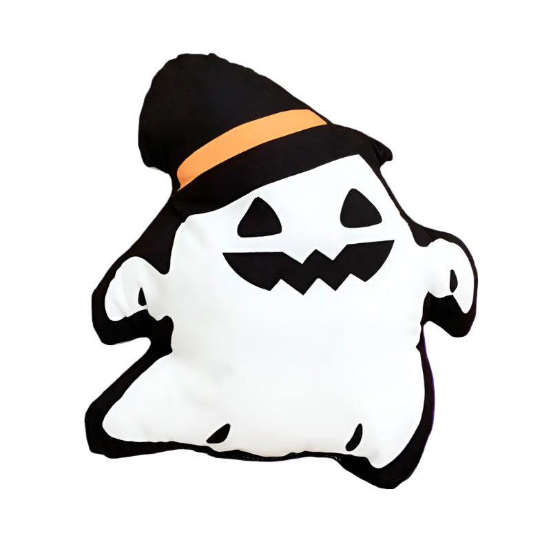 Halloween-themed pillow with ghost design and top hat on a white background
