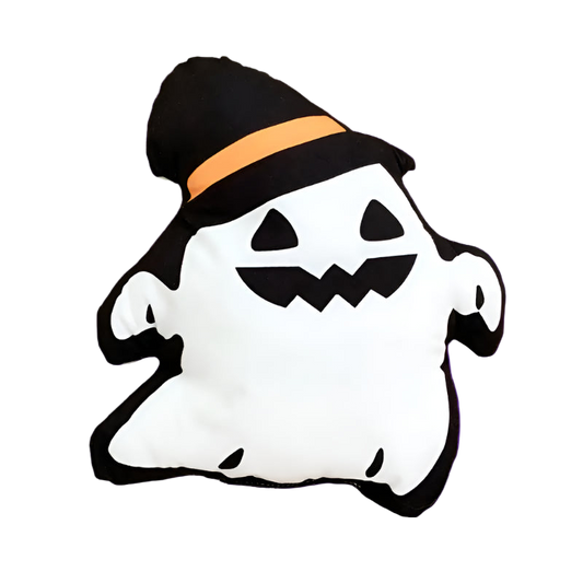 Halloween-themed pillow with ghost design and top hat on a white background