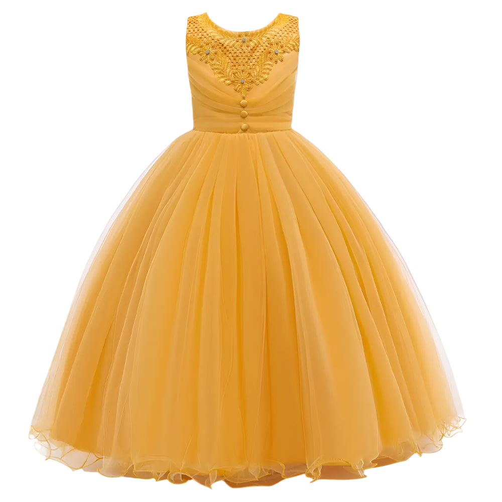 Yellow dress with intricate top design on a white background
