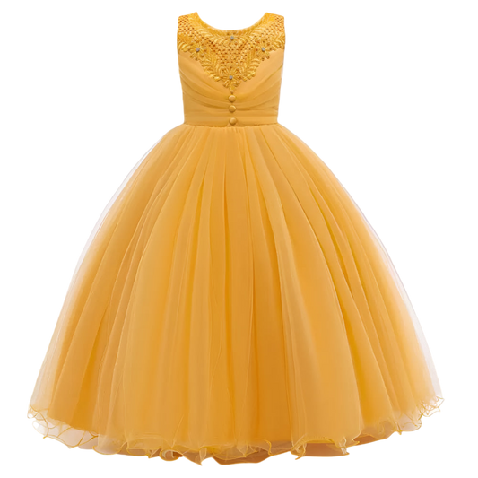 Yellow dress with intricate top design on a white background