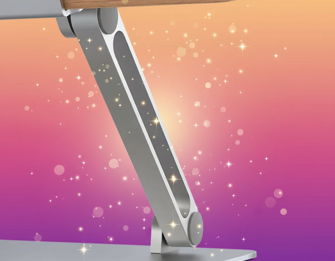 Aluminum alloy base of a product with text describing its features on a light gray background