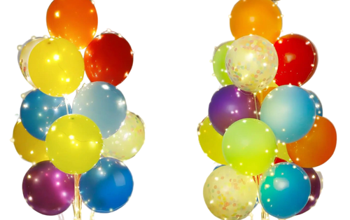 Colorful balloon decorations with lights in a living room setting.