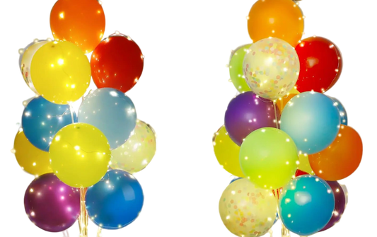 Colorful balloon decorations with lights in a living room setting.