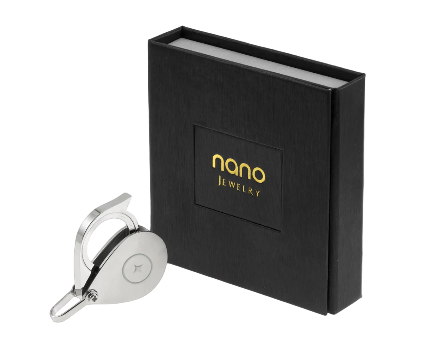 Silver pendant next to a black box with 'nano Jewelry' branding on a white background