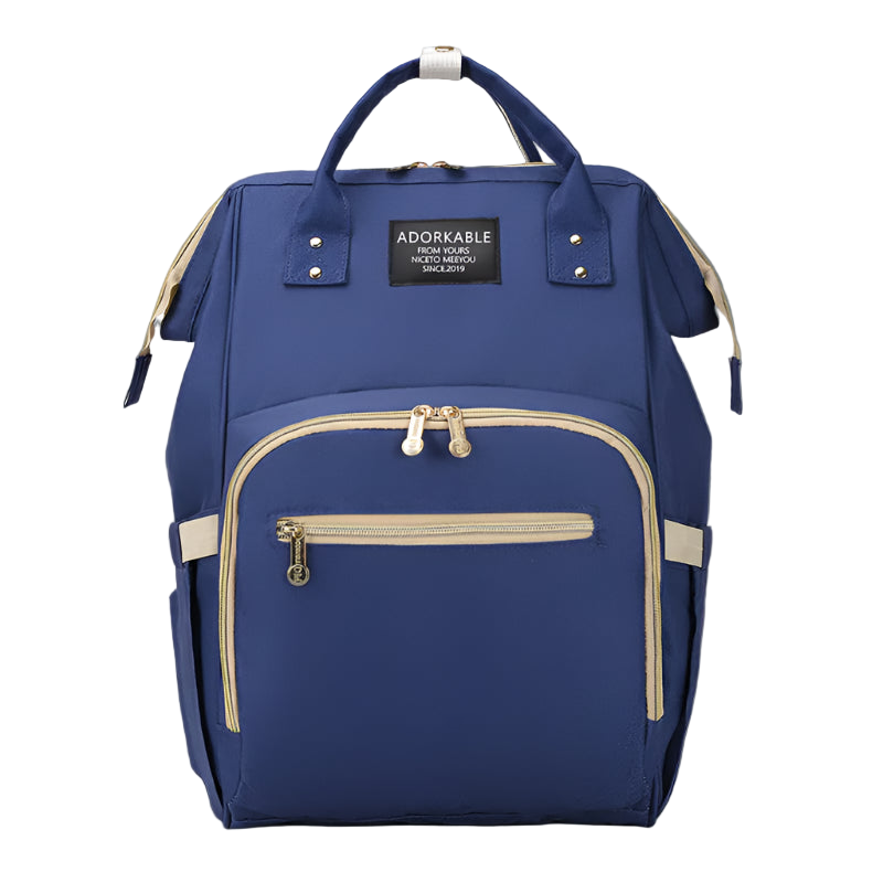 Blue backpack with gold zippers and 'Adorkable' label on a white background