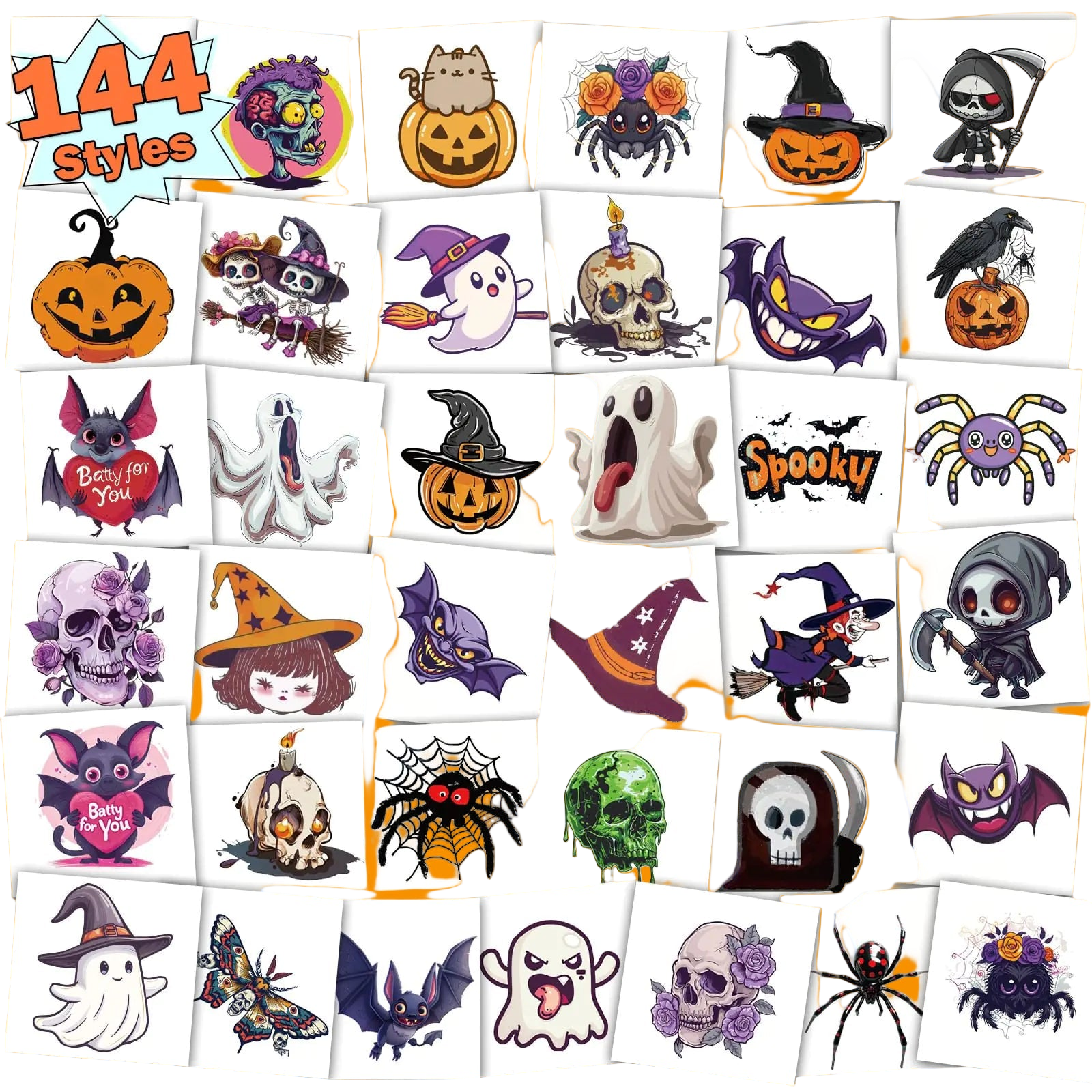 Collection of Halloween-themed temporary tattoos with various designs on a white background.