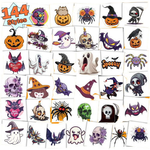Collection of Halloween-themed temporary tattoos with various designs on a white background.