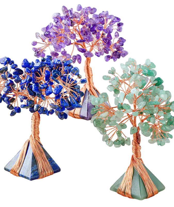 Decorative crystal trees in blue, purple, and green on a neutral background