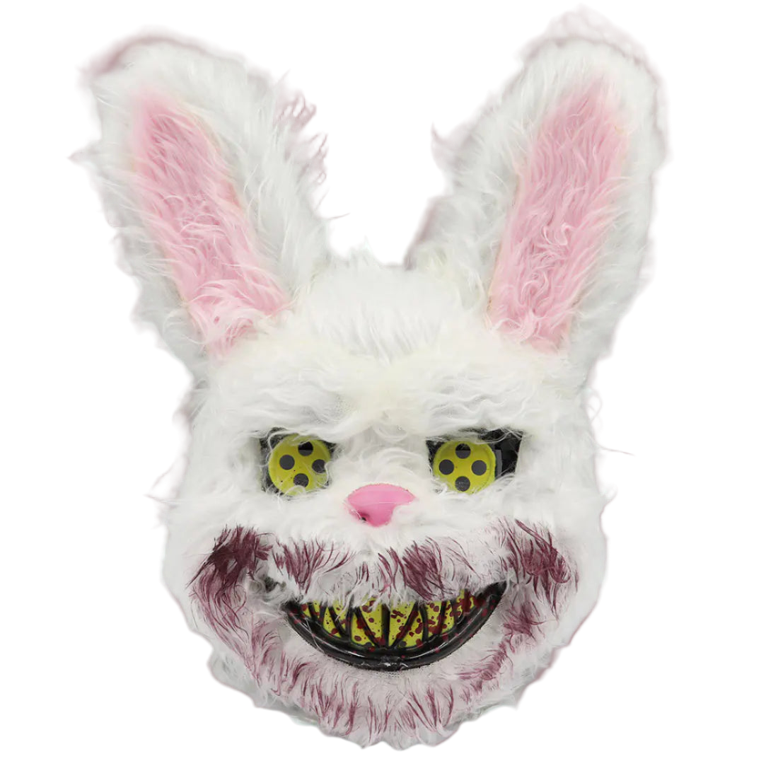 White rabbit mask with pink ears and colorful face on a white background