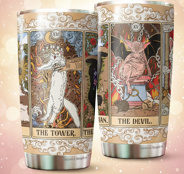 Two tarot-themed tumblers with illustrations of 'The Tower' and 'The Devil' cards on a white background.