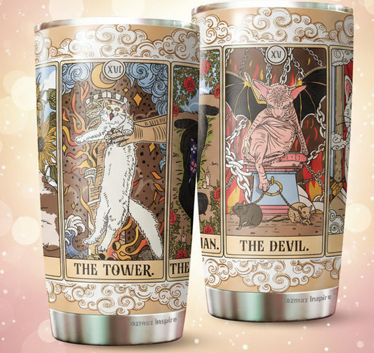 Two tarot-themed tumblers with illustrations of 'The Tower' and 'The Devil' cards on a white background.