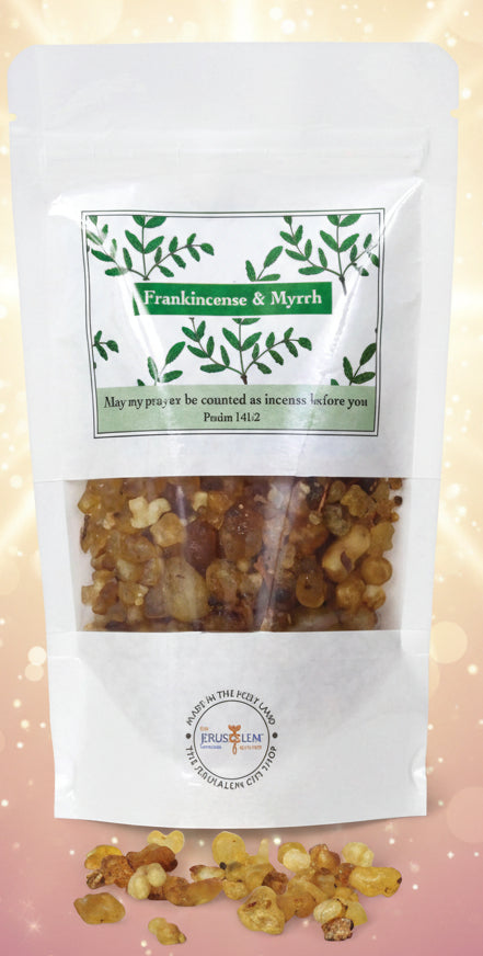 Packaged frankincense and myrrh with a label on a white background
