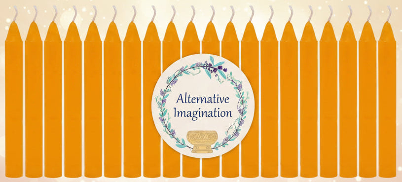 Row of orange candles with a 'Alternative Imagination' label in the center.
