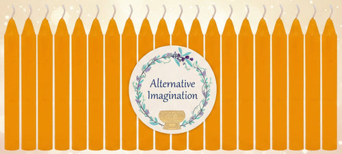 Row of orange candles with a 'Alternative Imagination' label in the center.