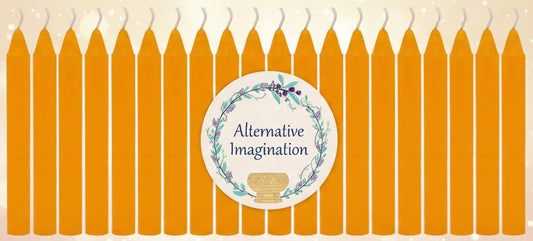 Row of orange candles with a 'Alternative Imagination' label in the center.