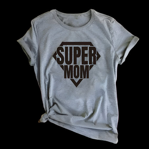 Gray t-shirt with 'Super Mom' print on a light background