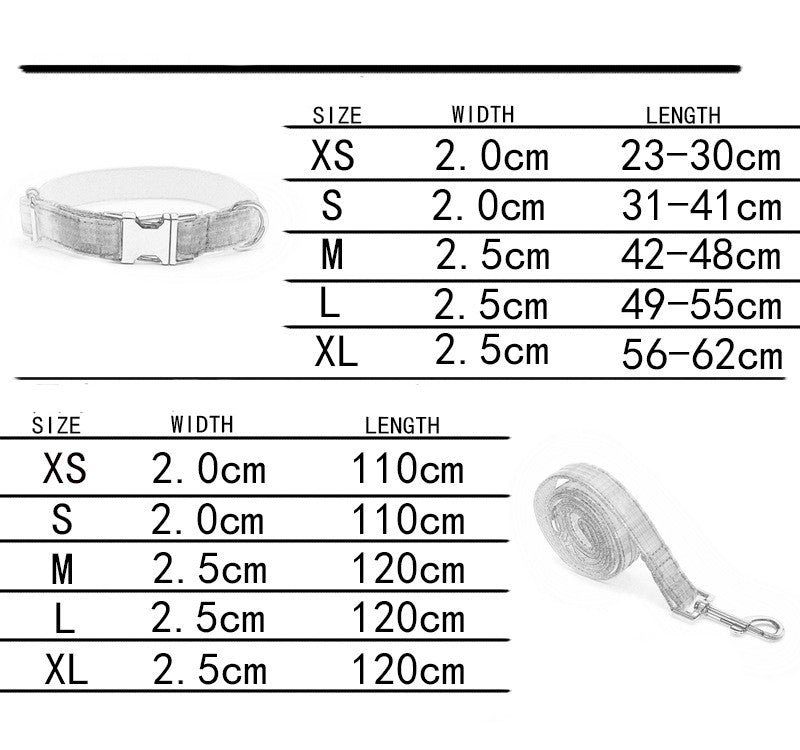 Measurement chart for dog leashes with size, width, and length specifications.