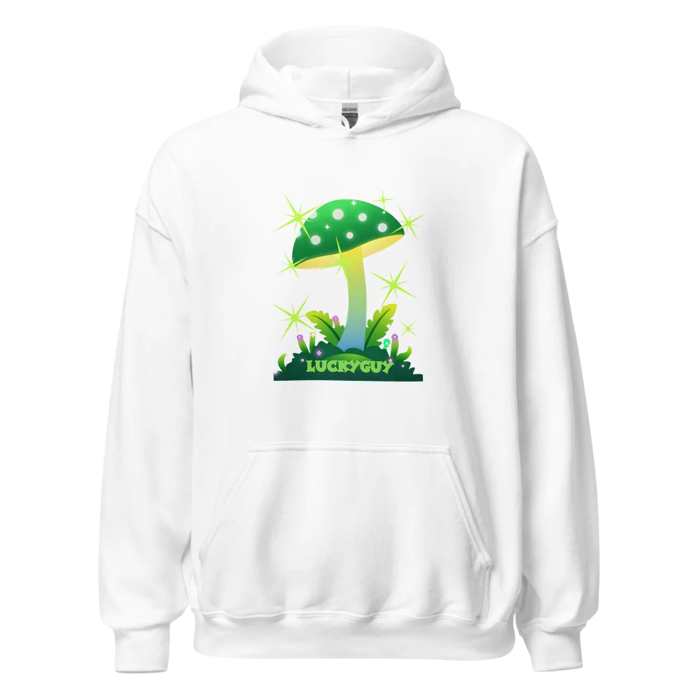 White hoodie with a green mushroom graphic on a white background