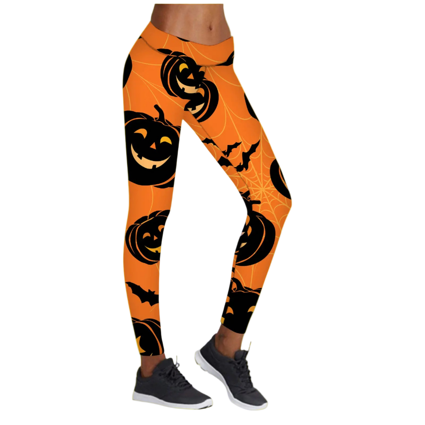 Orange leggings with black pumpkin and bat pattern on a white background