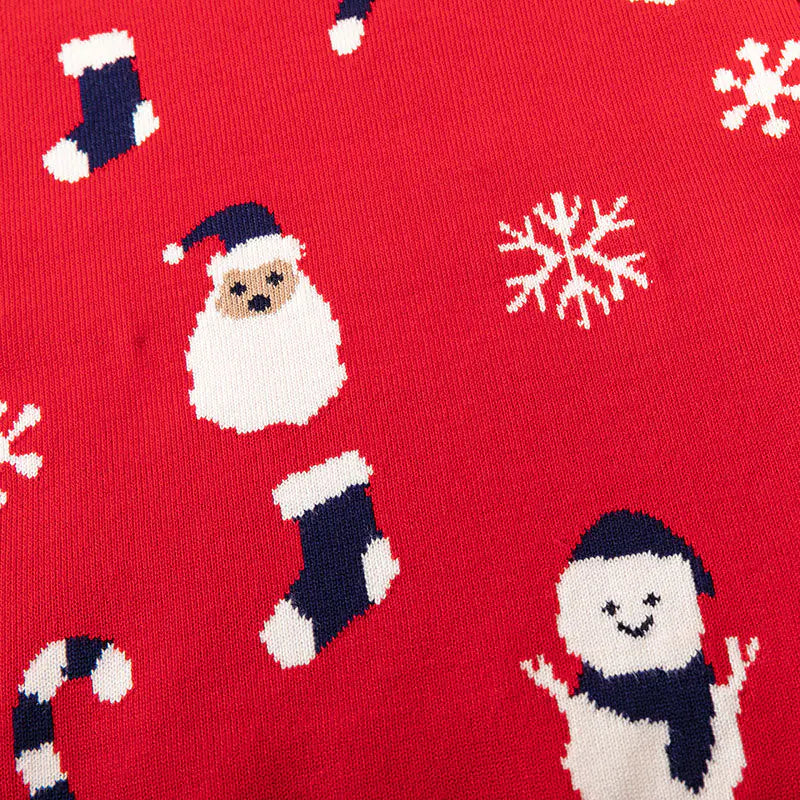 Christmas-themed fabric with Santa Claus, snowflakes, and a snowman on a red background.