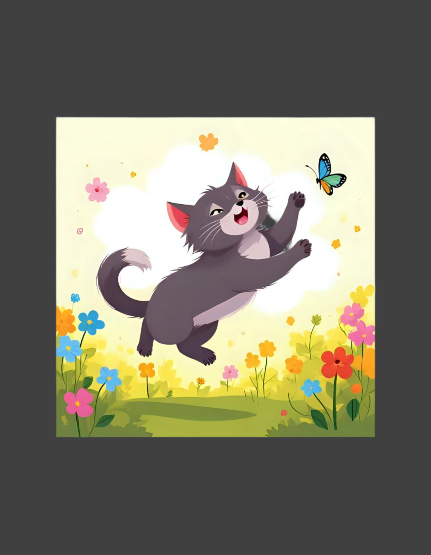 Cartoon cat in a garden with flowers and a butterfly on a yellow background