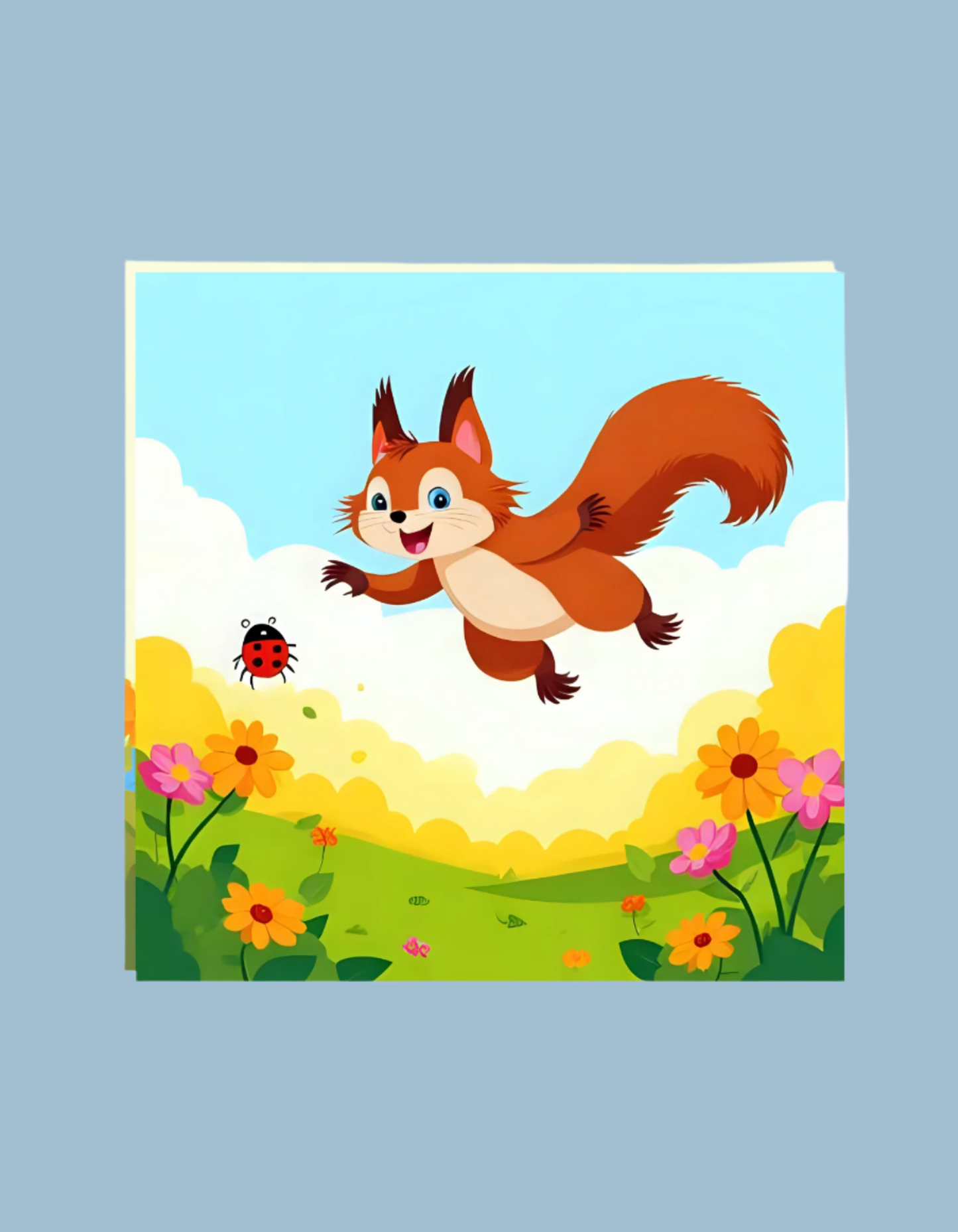 Cartoon squirrel and ladybug on a colorful background
