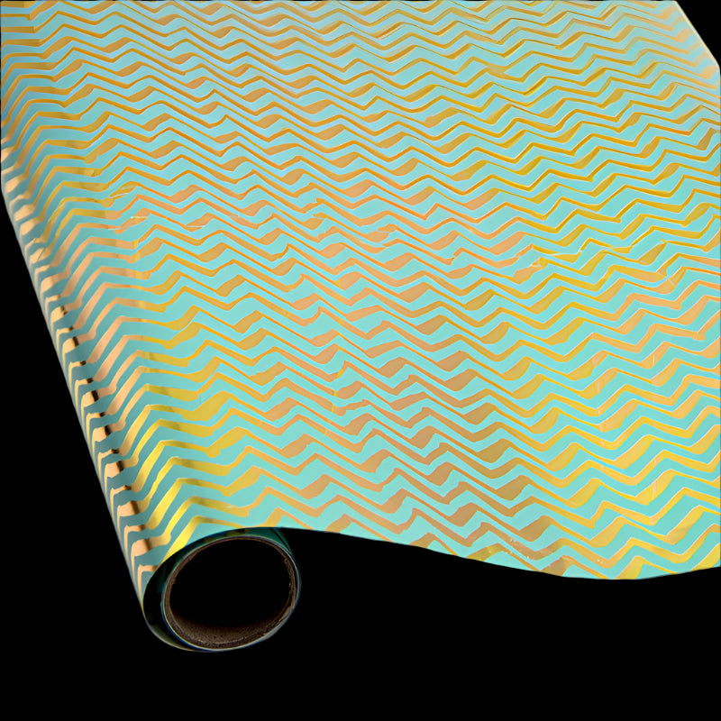 Roll of turquoise wrapping paper with gold zigzag pattern on a white background