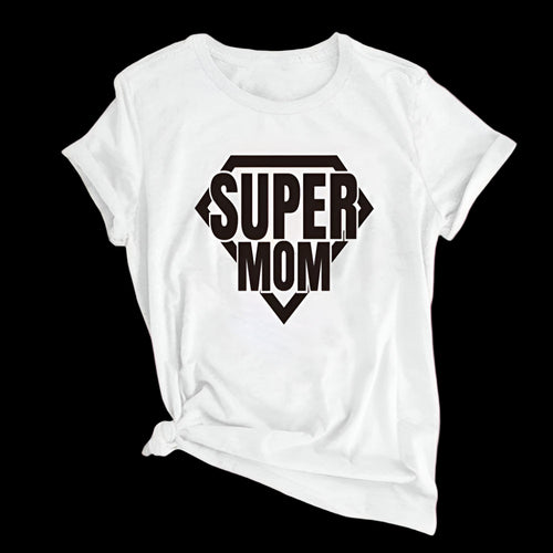 White t-shirt with 'Super Mom' print on a light wooden surface
