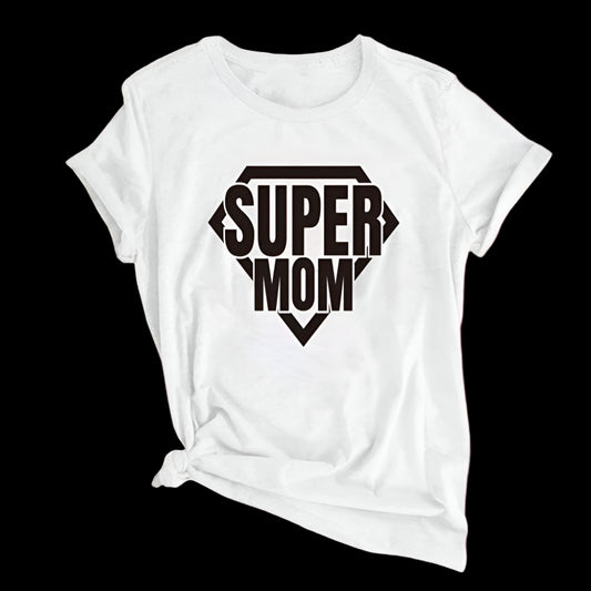 White t-shirt with 'Super Mom' print on a light wooden surface