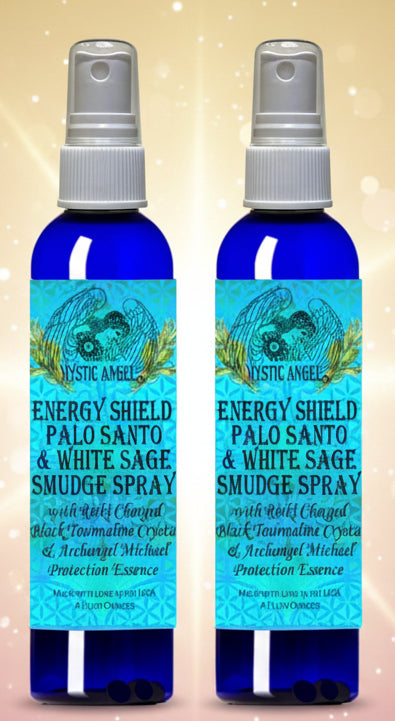 Two bottles of Energy Shield Palo Santo & White Sage Smudge Spray on a white background