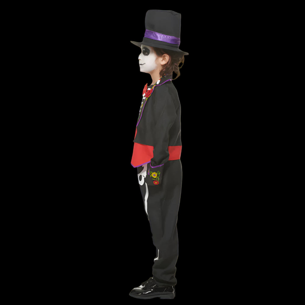 Child wearing a Halloween costume with a top hat and face paint on a white background