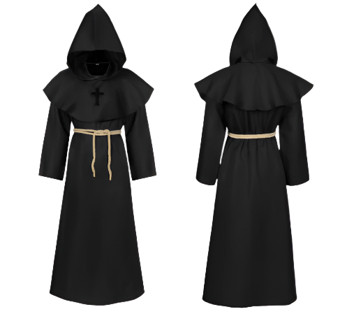 Black hooded robe with a cross emblem on a white background