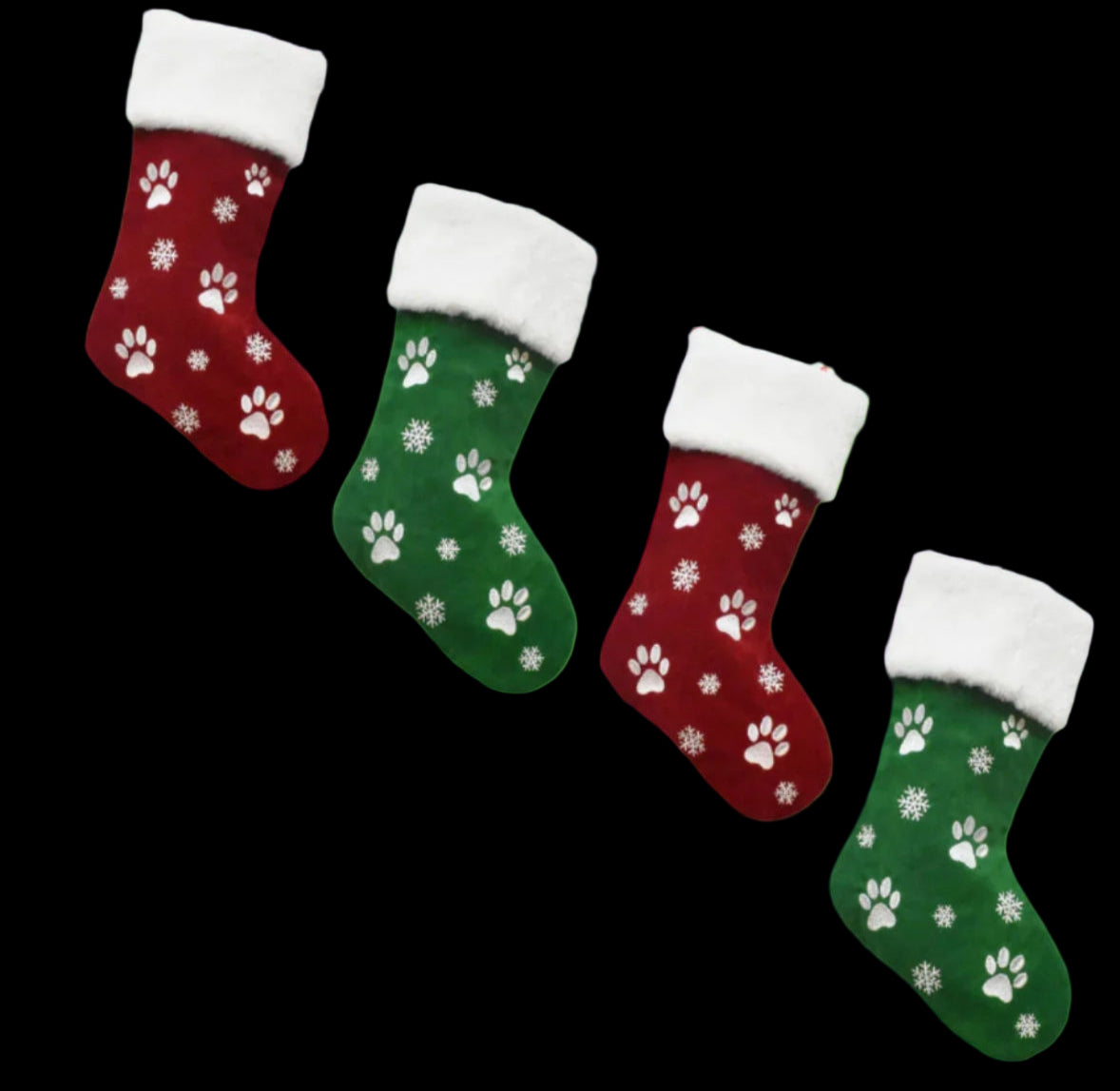 Decorative Christmas stockings with paw prints hanging on a staircase with festive decorations.