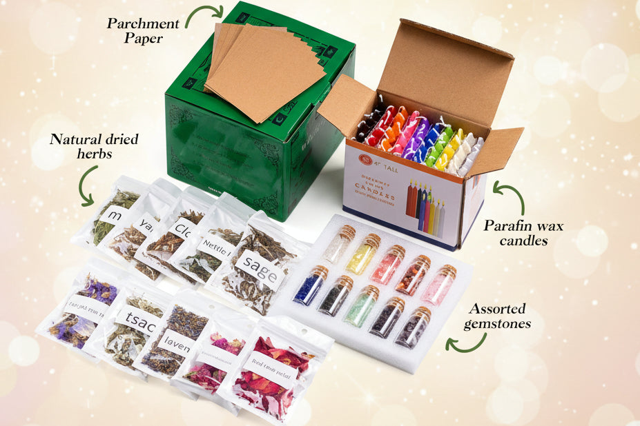 Witchcraft kit with various items including parchment paper, natural dried herbs, paraffin wax candles, and assorted gemstones.