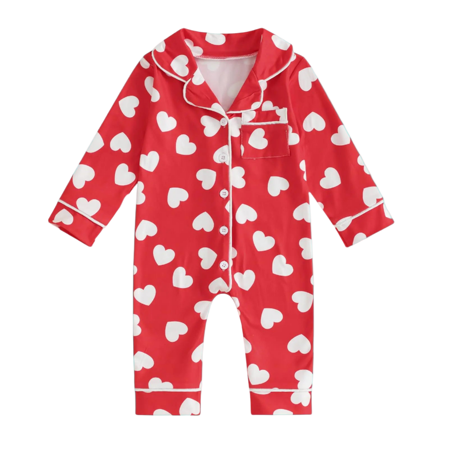 Red onesie with white heart pattern on a white background