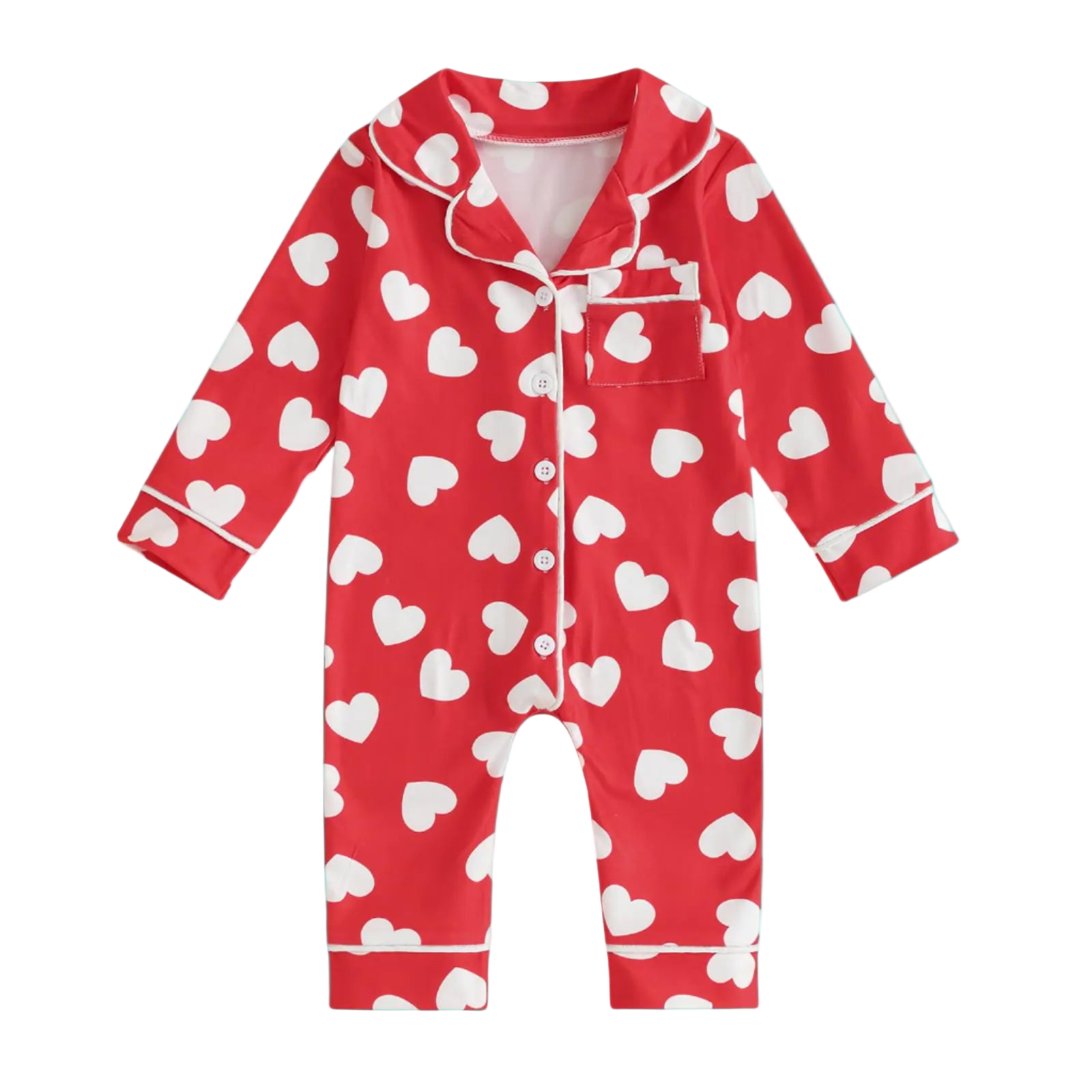 Red onesie with white heart pattern on a white background