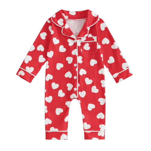 Red onesie with white heart pattern on a white background
