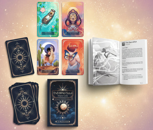 Collection of 'The Wild Soul' oracle cards with their packaging and booklet.