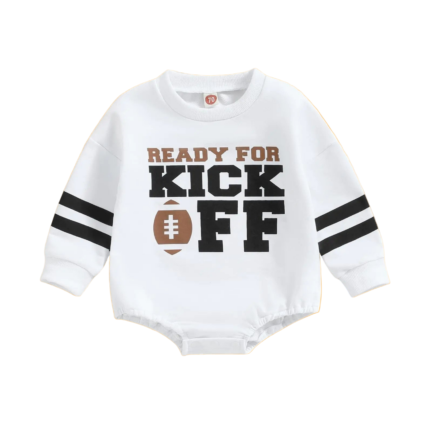 White baby romper with 'Ready for Kick Off' text and football graphic on a white background