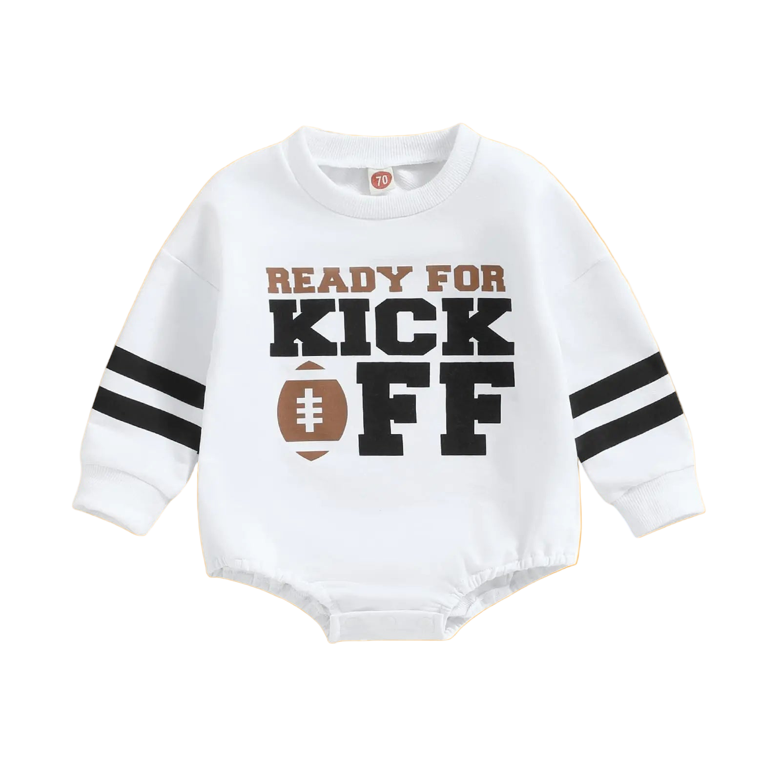 White baby romper with 'Ready for Kick Off' text and football graphic on a white background