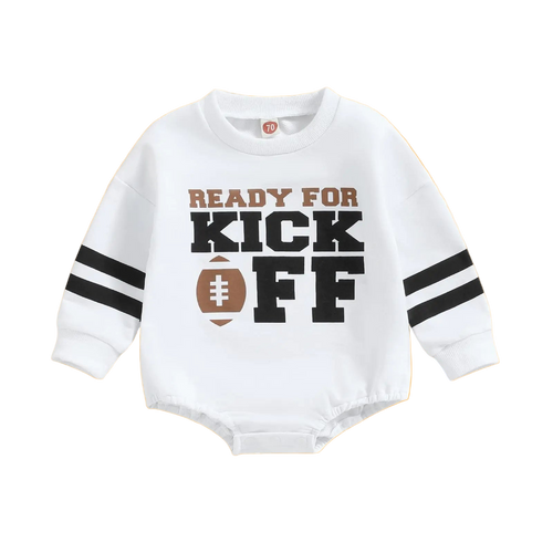 White baby romper with 'Ready for Kick Off' text and football graphic on a white background