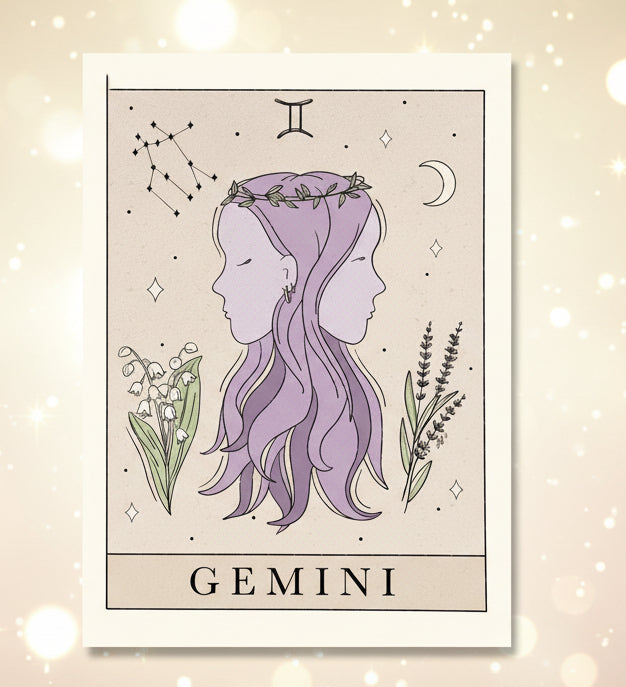 Geminis zodiac card with purple hair and floral elements on a beige background