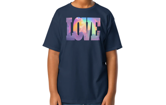 Child wearing a navy blue t-shirt with 'LOVE' in colorful letters on a white background