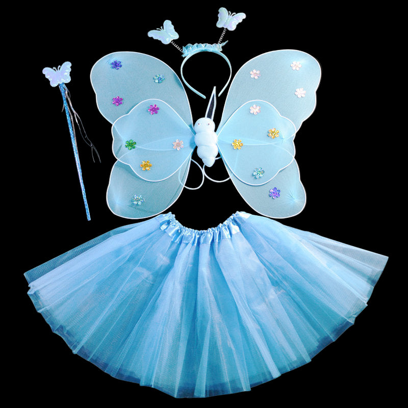 Blue fairy costume set with wings, wand, and headband on a black background