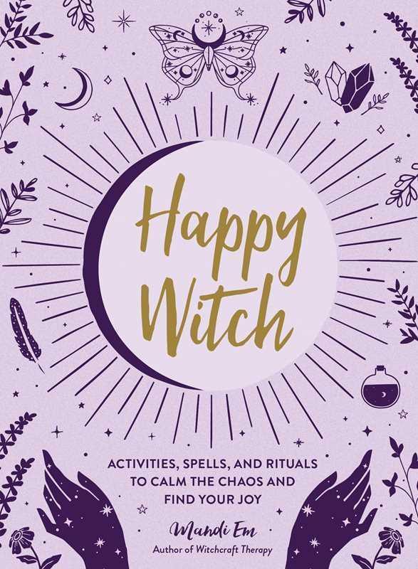 Book cover of 'Happy Witch' with decorative elements on a purple background