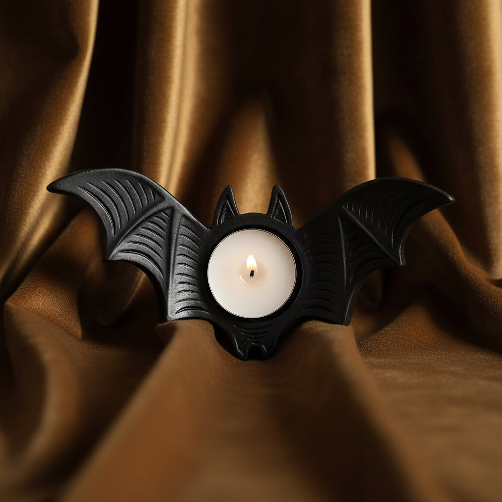 Bat-shaped candle holder with a lit candle on a white background