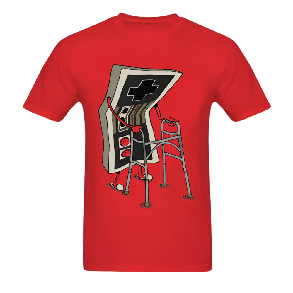 Red t-shirt with a graphic design of a walking frame and control panel on a white background