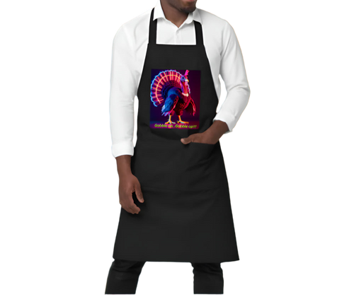 Man wearing a black apron with a colorful graphic design on a white background